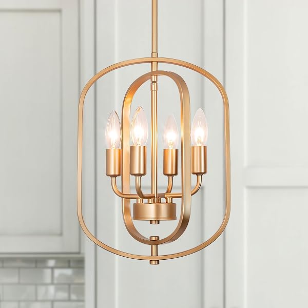 JHLBYL GOLD CHANDELIER LIGHT FIXTURE, 4-LIGHT MODERN FARMHOUSE...