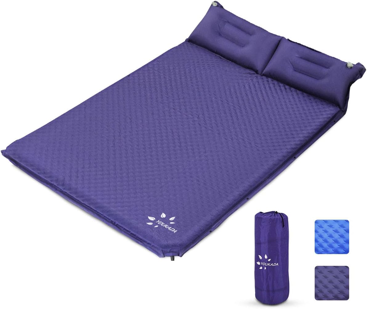 YOUKADA Sleeping-Pad Foam Self-Inflating Camping-Mat for Backpacking Sleeping Pad Double Sleeping Mat Camping Pad 2 Person Camping Mattress with Pillow for Hiking Camping Gear