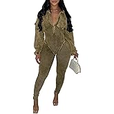 PUXOBYKU Womens Jumpsuits Casual Romper V Neck Bottom Pants Loose Long Sleeve Bodysuit Bodycon Sexy One Piece