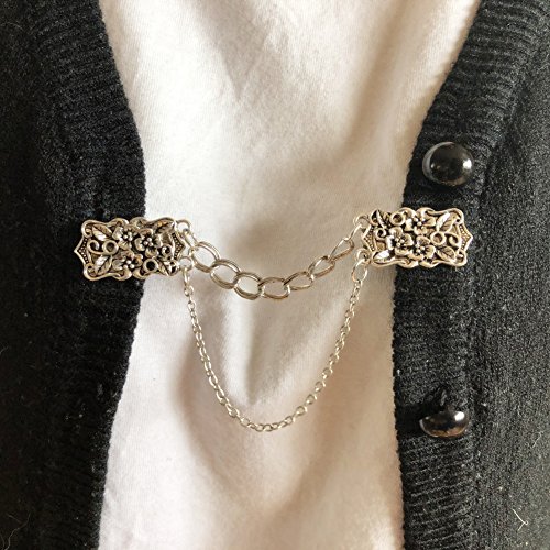 Sweater Clip Cardigan Clip Collar Clip Women Tone Filigree With Double Chain - Thumbnail 3