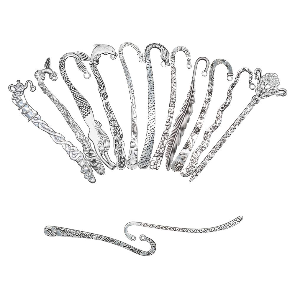 HOSTK 10 Pack Bookmarks Metal Carved Hook Antique Tibetan Silver Mixed(About 120mm)