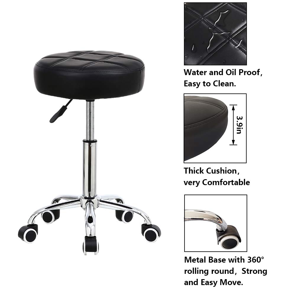 KKTONER Round Rolling Stool Chair PU Leather Height Adjustable Shop Stool Swivel Drafting Work SPA Medical Salon Stools with Wheels Office Chair Black: Kitchen & Dining