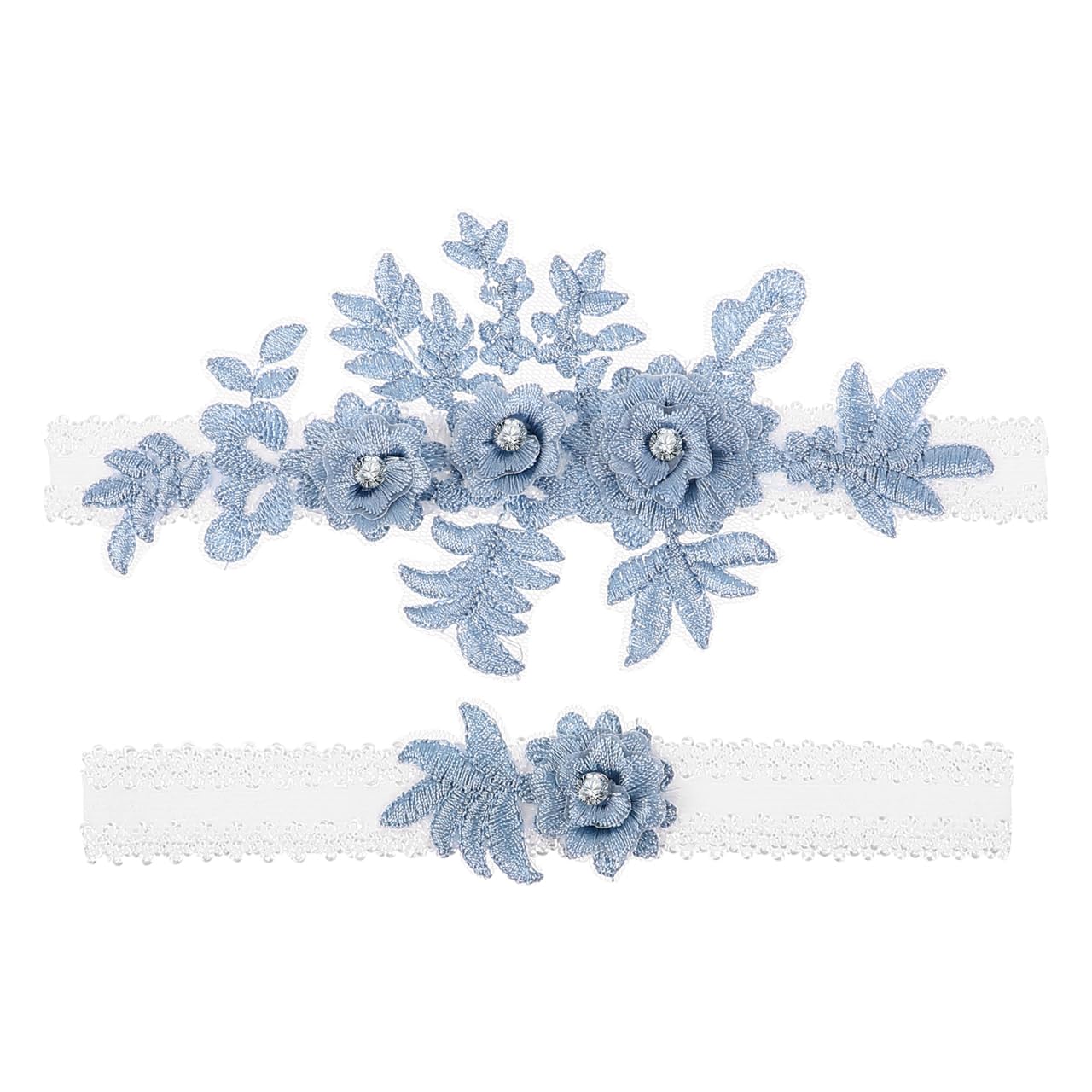 Amosfun wedding garter, flower lace rhinestone elastic wedding garters for bridesmaid, wedding favour decoration, blue, pack of 2