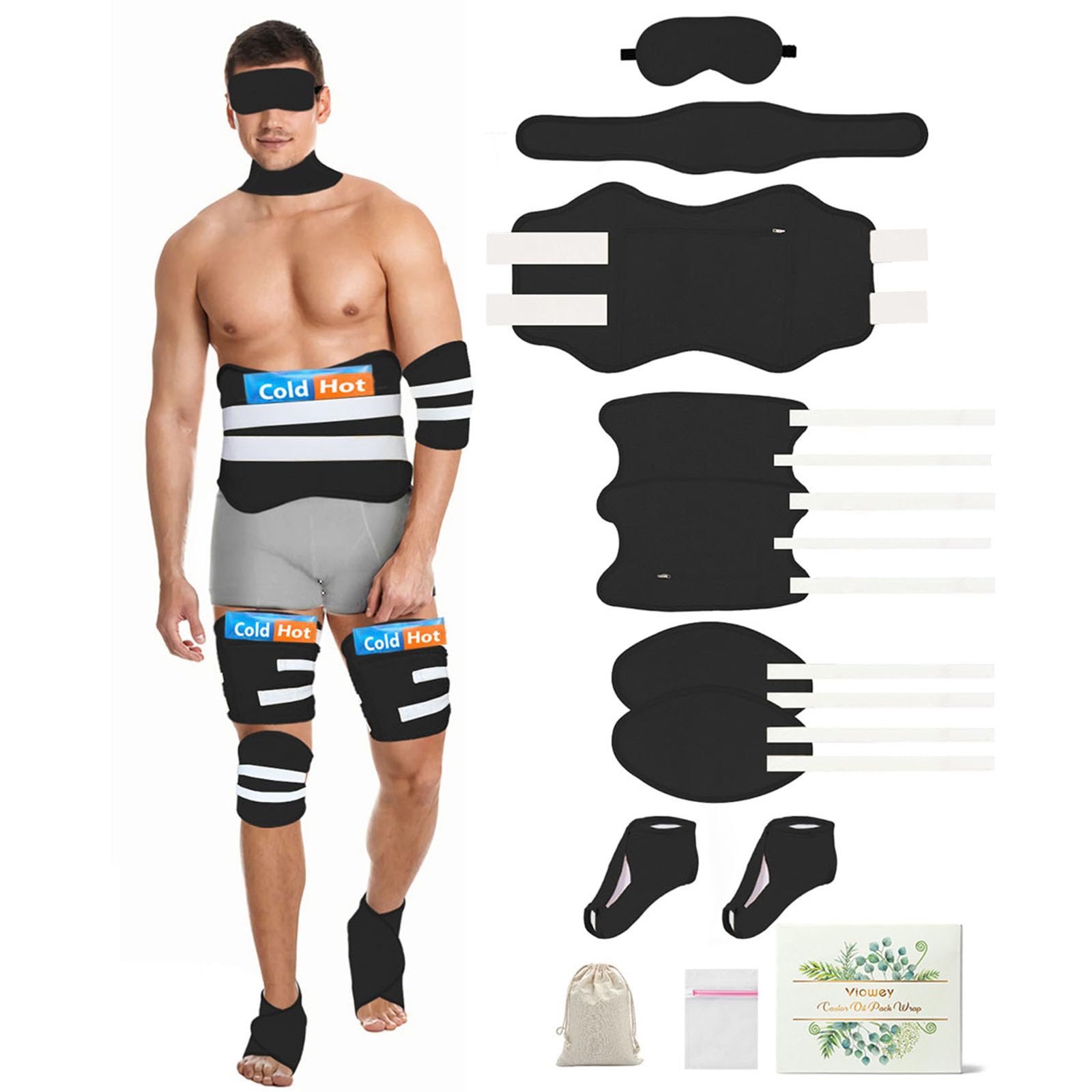 Photo 1 of 11 PCS Castor Oil Pack Wrap for Men Entire Body Plus Size, Black Castor Oil Pads Set for Eye Stomach Knee Leg Feet, Flannel Cotton, Adjustable Straps, Reusable, Machine Washable