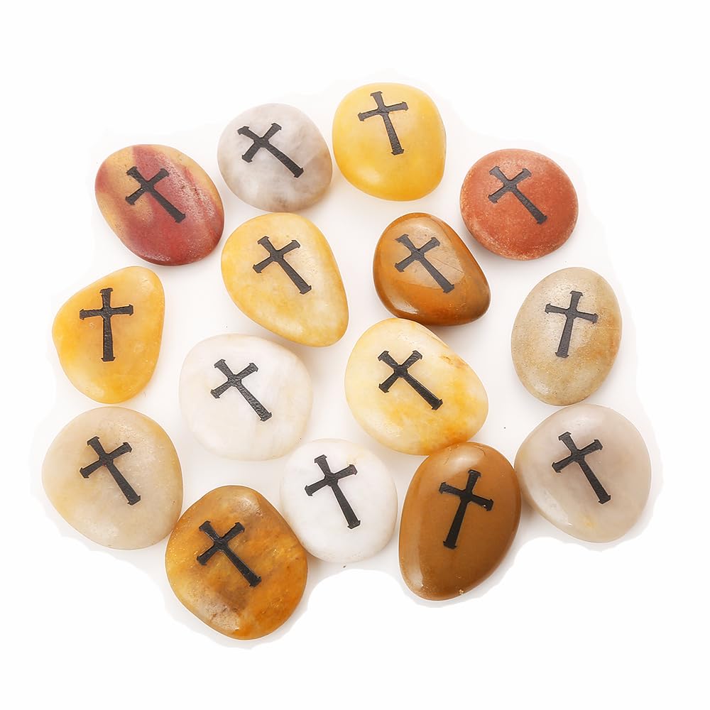 ROCKIMPACT 24 Pcs Engraved Cross Worry Stones for Pray Faith Memorial Stones Smooth Polished Natural River Rock Baptism Christening Holy Communion Gift Wholesale Value (2-3 Inches Each, Set of 24)