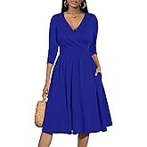 Nmoder Wrap Dress Cocktail Casual Dresses for Women Wedding Guest Fit and Flare V Neck 3/4 Sleeve Midi Dress with Pockets Royal Blue