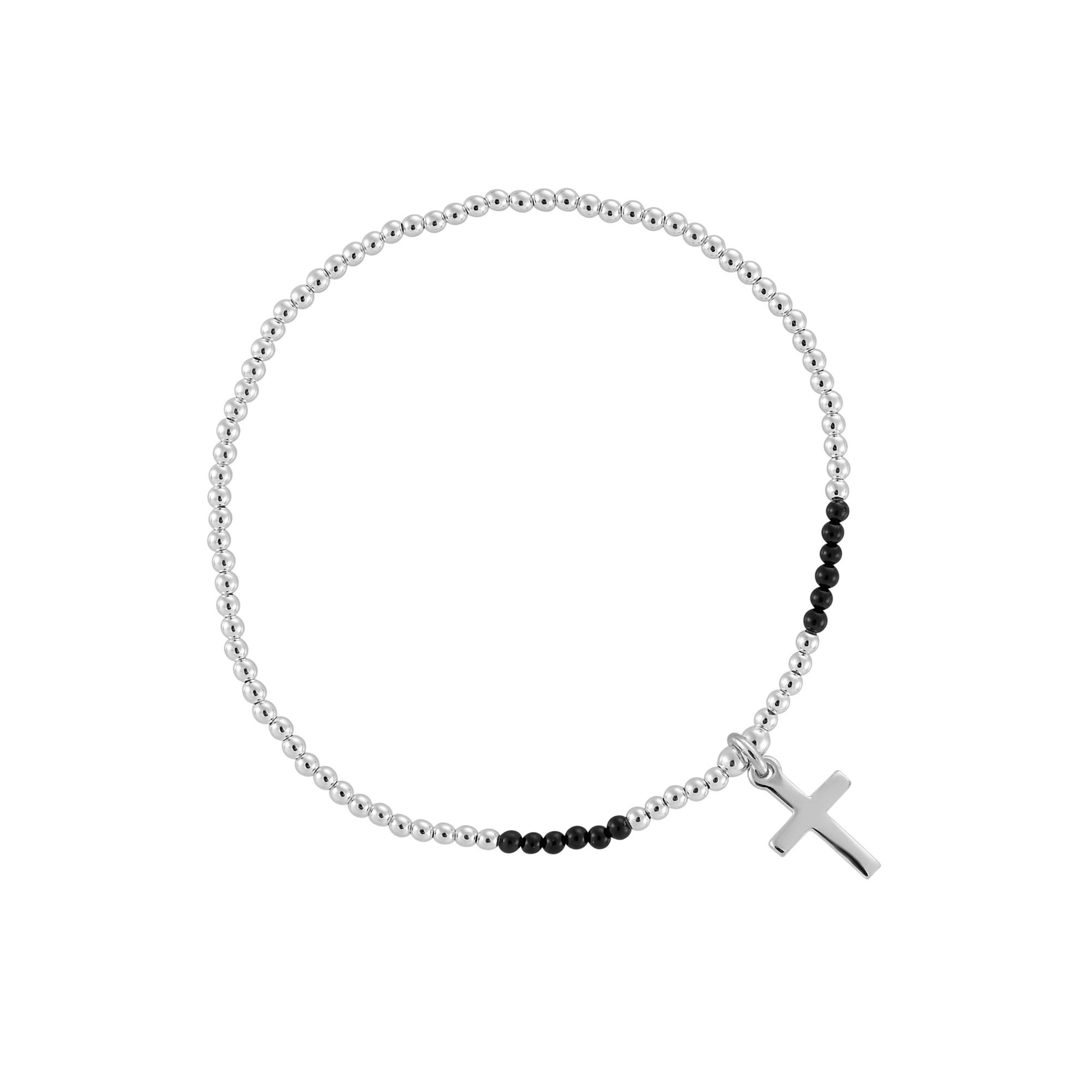 Silverly Sterling Silver Onyx Beaded Stretch Bracelet With Cross Charm - 925 Silver Ball Bead Bracelets for Women - Black Gemstone Elastic Stacking Bracelet - July Birthstone Gift for Best Friend