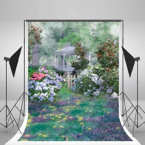 5x7ft Spring Photo Background Foggy Pavilion Pink Flowers Photography Backdrop for Wedding