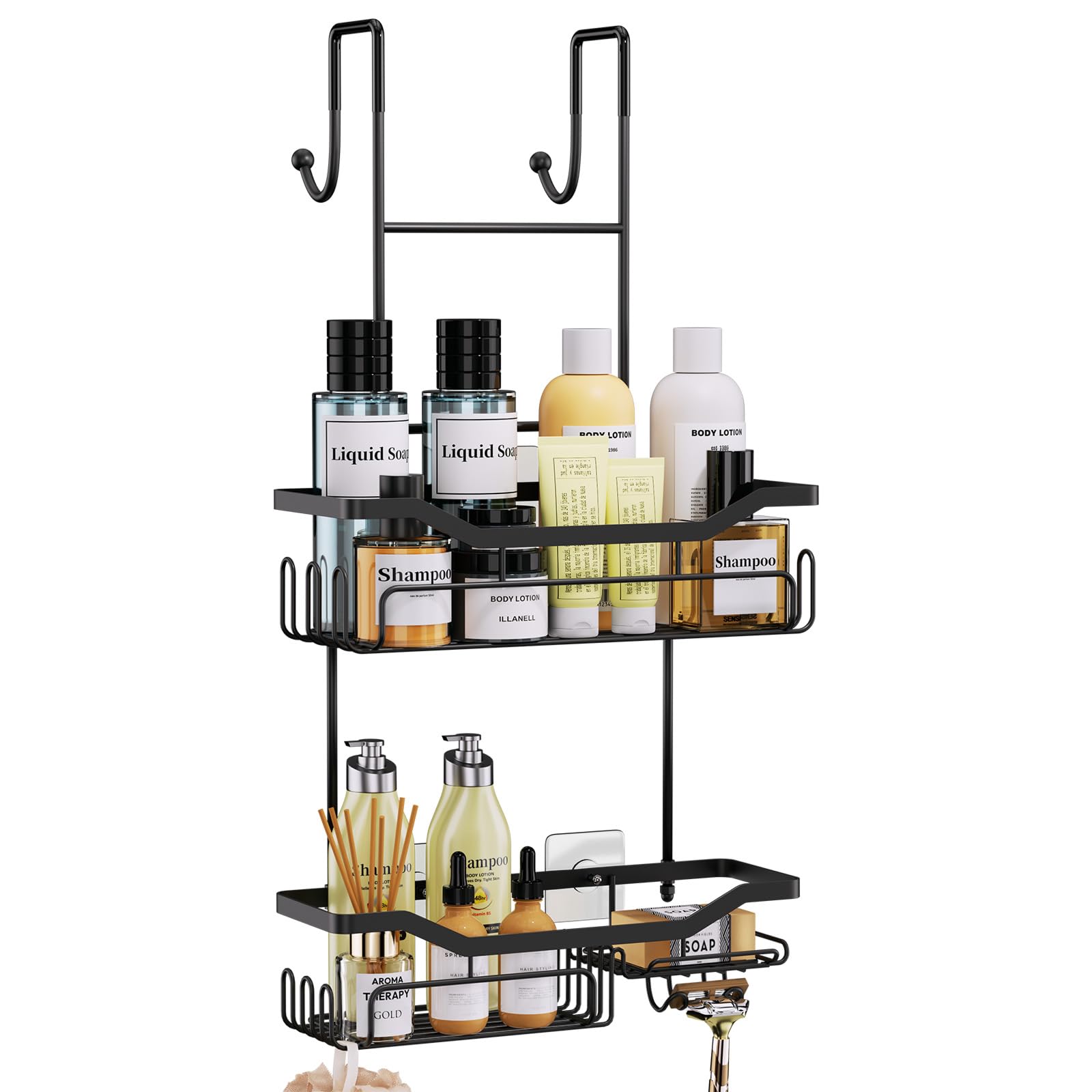 HapiRm Shower Caddy Hanging Black - 2 Tier Over Door Shower Caddy with Soap Holder and Razor Holder, Stainless Steel Bathroom Caddy with 14 Hooks, Bathroom Shelves no Drilling for Shampoo Conditioner