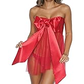 Women’s Sexy Satin Babydoll Lingerie Unwrap Me Mesh Sleepwear Silky Bowtie Christmas Wrap Big Bow Underwear Tulle Valentines Nighty Lace Teddy Set Ladies Nightwear Red Festive Outfit