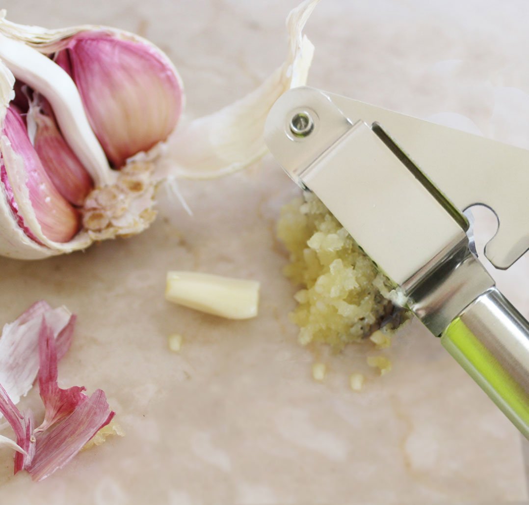 Garlic Press and Peeler Best Set. Stainless Steel Kitchen Minced Garlic Cloves Crusher + Silicone Peeler / Fruit Squeezer Utensils Cooking Tools