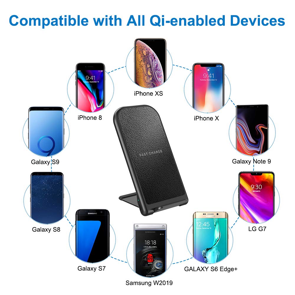 Wireless Charger, Jabuer 7.5W Qi-Certified Fast Wireless Charger Stand for iPhone Xs/Xs Max/XR/X/8/8+, 10W Leather Charging Pad for Galaxy Note 9/S9/S9+, 6W for All Qi-Enabled Phones (with AC Adapter)