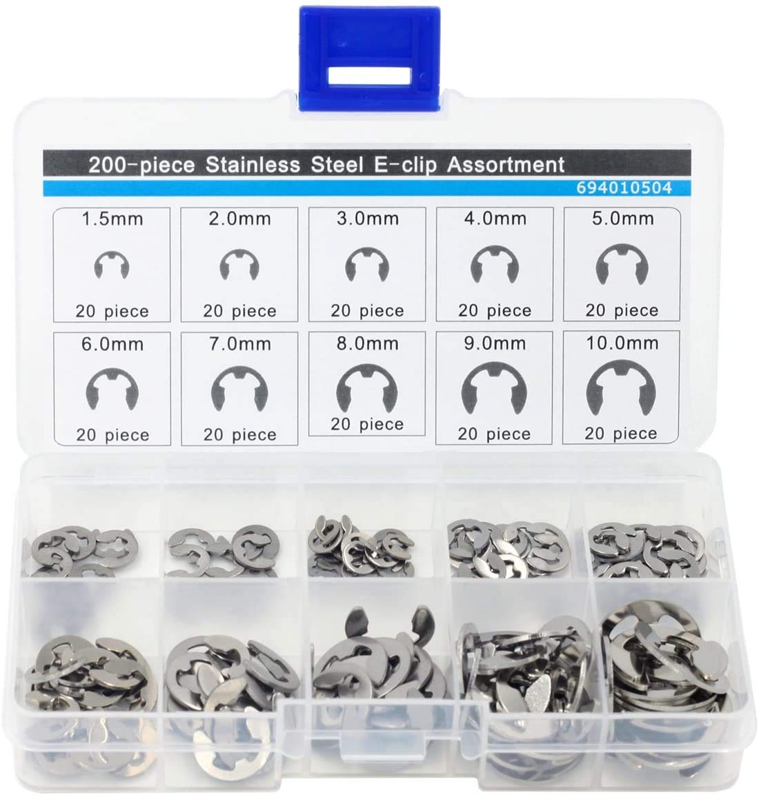 Lock washers 200 pieces stainless steel E-clip assortment 1.5 2 3 4 5 6 7 8 9 10 mm Circlip