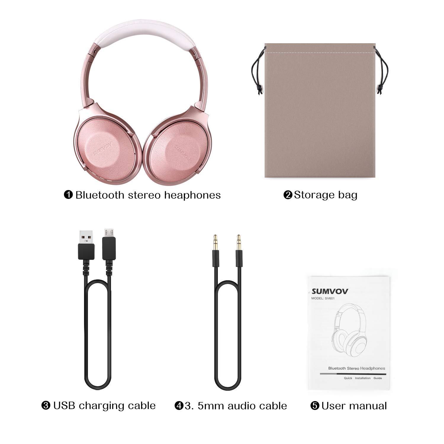 Sumvov Wireless Headphones Over Ear, Bluetooth Headphones 5.0 with Mic, Quick Charge, 30 Hours Playtime, Deep Bass, Protein Earpads, Hi-Fi Stereo Foldable Headset, for Cellphone/TV/PC (Rose Gold)