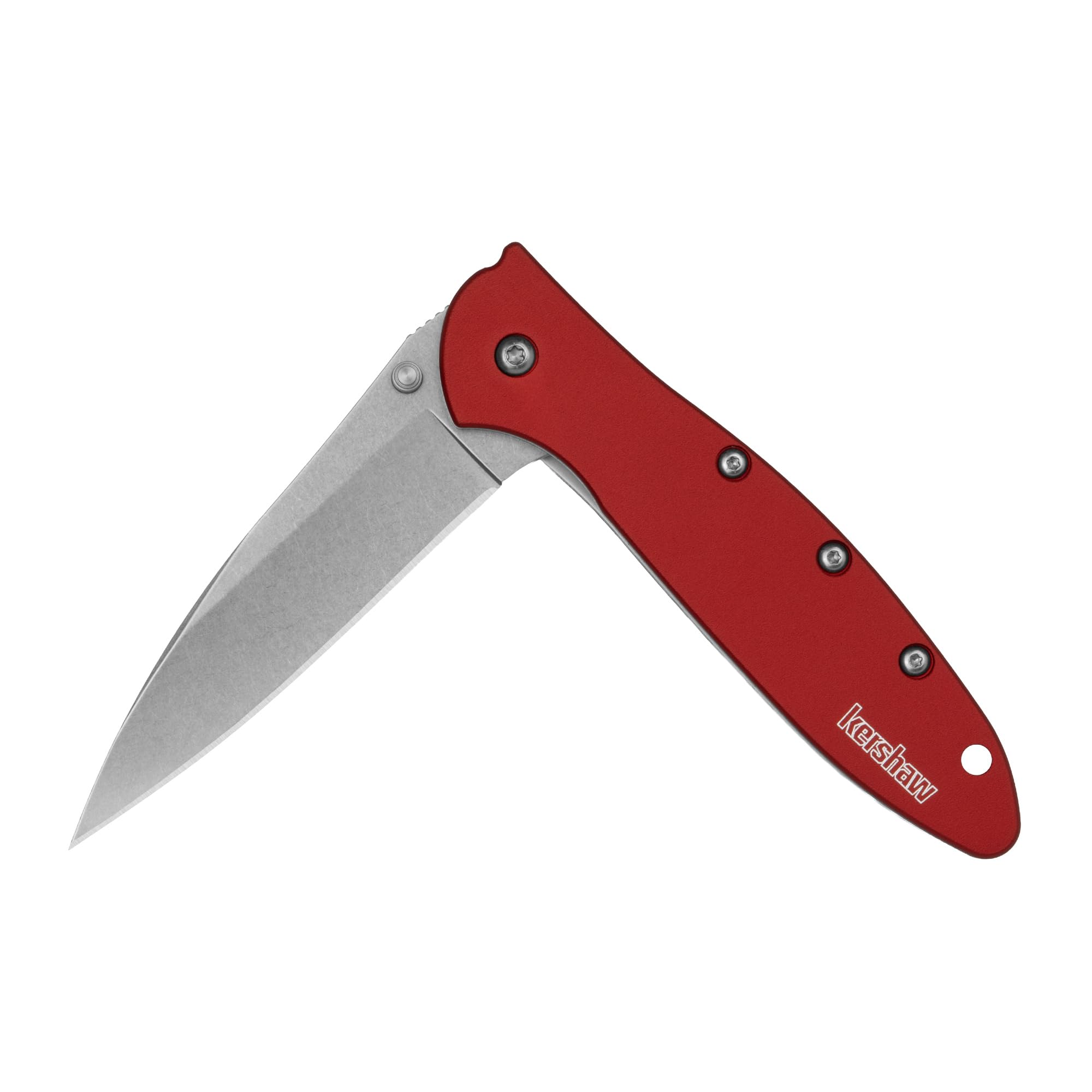 Kershaw Leek Folding Pocket Knife, 3 inch Stonewashed Blade, High Performance Stainless Steel, Red Aluminum Handle, Pocketclip, 2.4 oz Image
