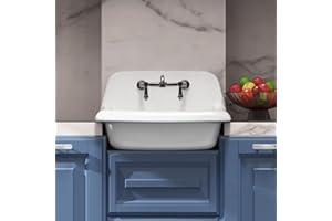 ELLAI Wall Mount Utility Sink Wall Mounted Laundry Tub Ceramic Farm Style High Back Farmhouse Sink for Laundry Room, Garage, Kitchen, Bathroom, White 24” x 17” x 15”