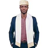 Adebo Off White and Gold Embroidered African Hat and Sash/Scarf