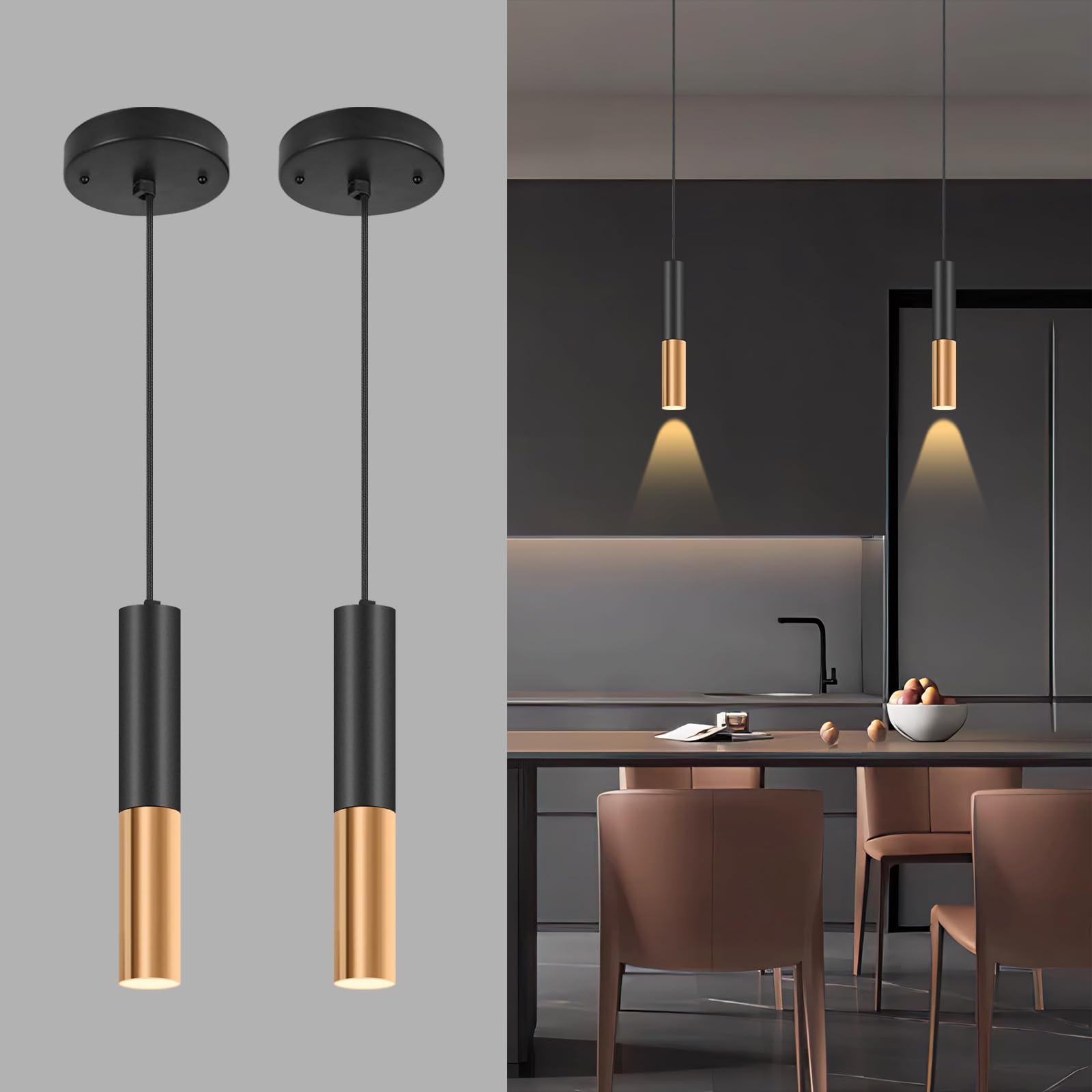 Photo 1 of XIYAZG Simple and Modern Black Cylindrical Pendant, 1-Light Chandelier with Adjustable Rope, Matching GU10 Sockets for Living Room, Bedroom and Dining Room (Spotlight) (2 Pack)