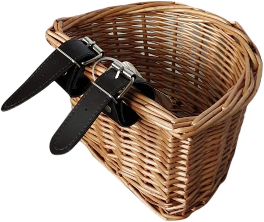 Front Handlebar Wicker Woven Bicycle Basket with PU Leather Straps Bike