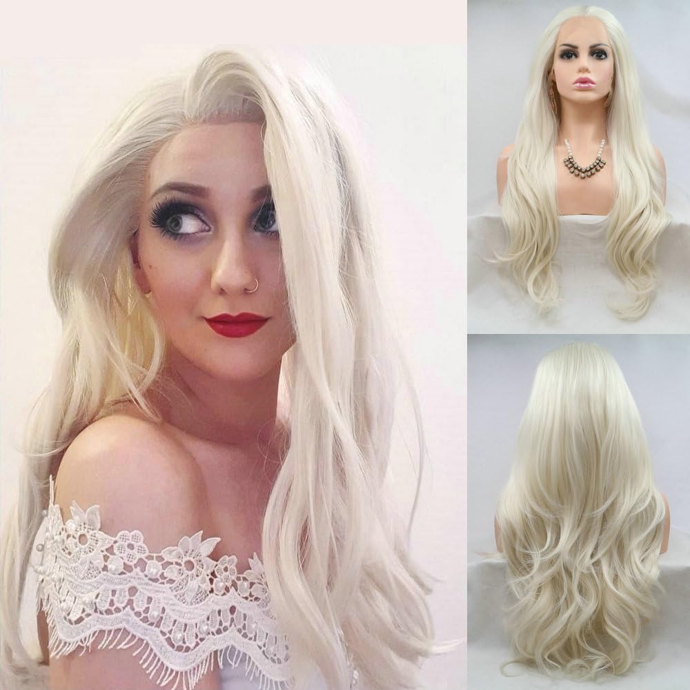 24" 60# Ice Blonde Lace Front 13x3" Pre Plucked Wigs UK Synthetic Hair Natural Looking Wigs for White Women Daily Wear Half Hand Tied White Wig Heat Resistant Fiber Free Part SereneWig
