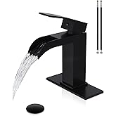 Midanya Waterfall Bathroom Faucet, Single Handle Bathroom Sink Faucet for Sink 1 or 4 Inch 3 Hole, Stainless Steel Vanity Faucets with Deck Plate and Pop up Drain,Matte Black