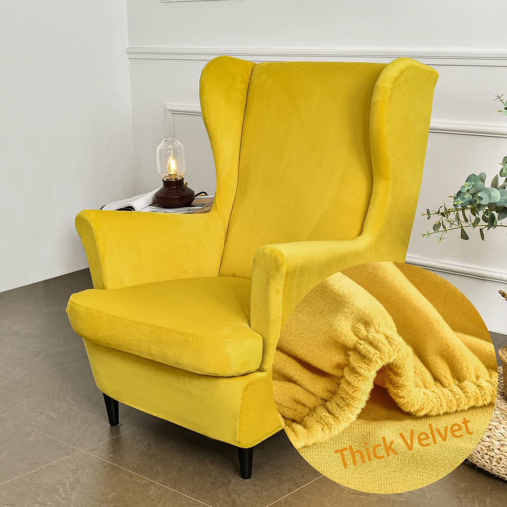 Highdi Wingback Chair Covers 2 Piece Stretch Wing Chair Slipcover, Fashion Solid color Velvet Strandmon Sofa Cover Furniture Protector for Armchair Chairs Living Room Bedroom Hotel (Turmeric)