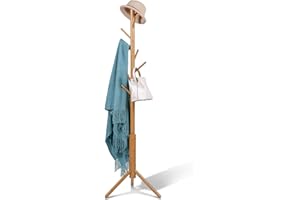 BMOSU Coat Rack freestanding Stand Bamboo Wooden Coat Tree 8 Hooks 3 Adjustable Standing Jackets Hanger Hallway Corner Parlor(Nature)