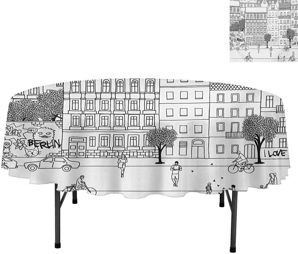 Aishare Store Decor Fabric Tablecloth, Monochrome Sketch of Berlin Square Hand Drawn Urban Scen, Round Tablecloths for Circular Table Cover, Round 60", Black and White