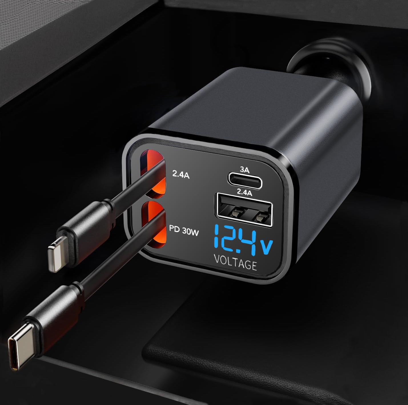 CARXtruck Retractable Car Charger, 4 in 1 Fast Car Charging USB c,Road Trip Essentials,Travel Essentials Gifts for Women Men, Car Accessories for iPhone 16 15 14 13 12, Samsung, Black