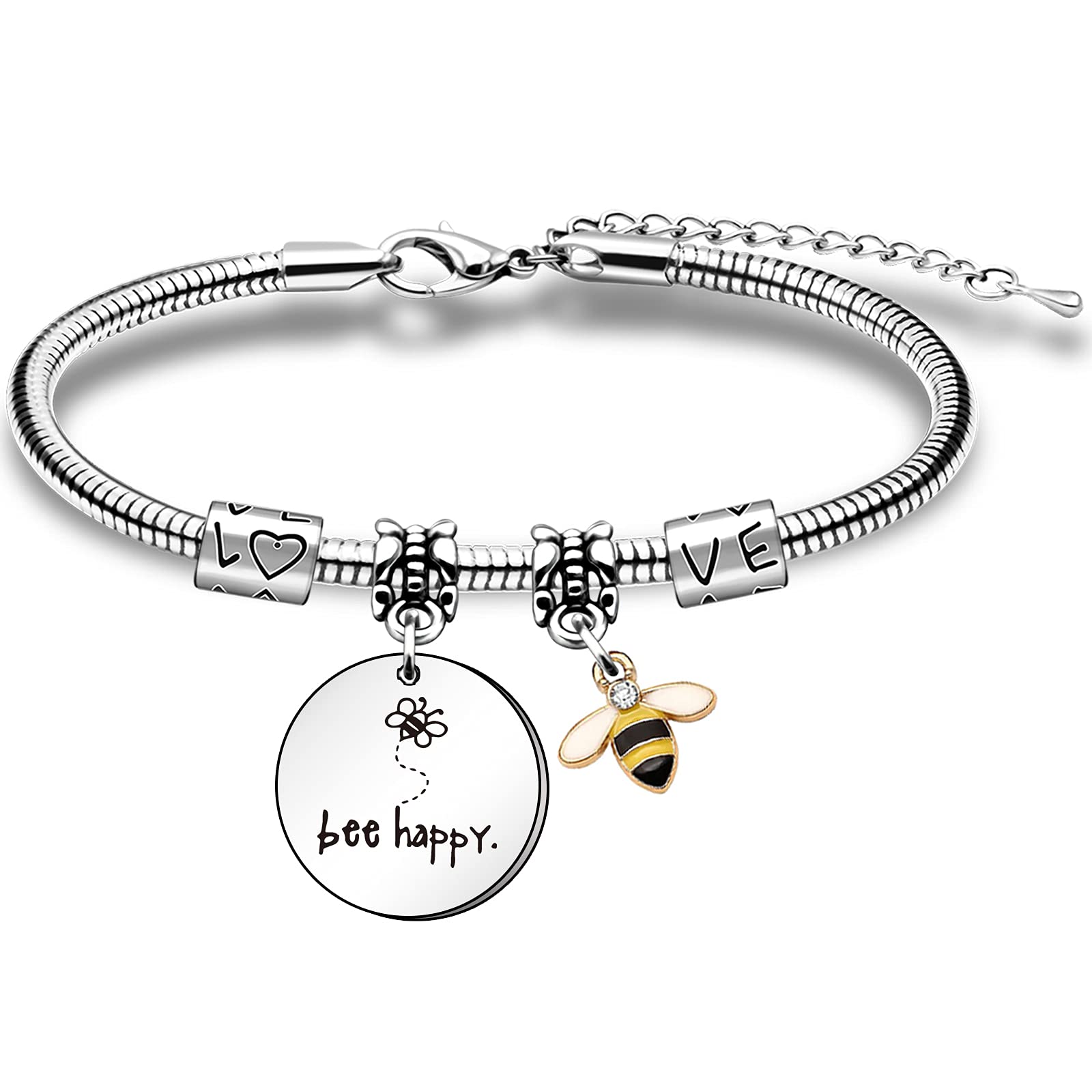 HULALA Charm Bee Happy Bracelet Inspirational Jewelry For Women Girls Family Best Friends Bee Lovers Birthday Christmas Graduation