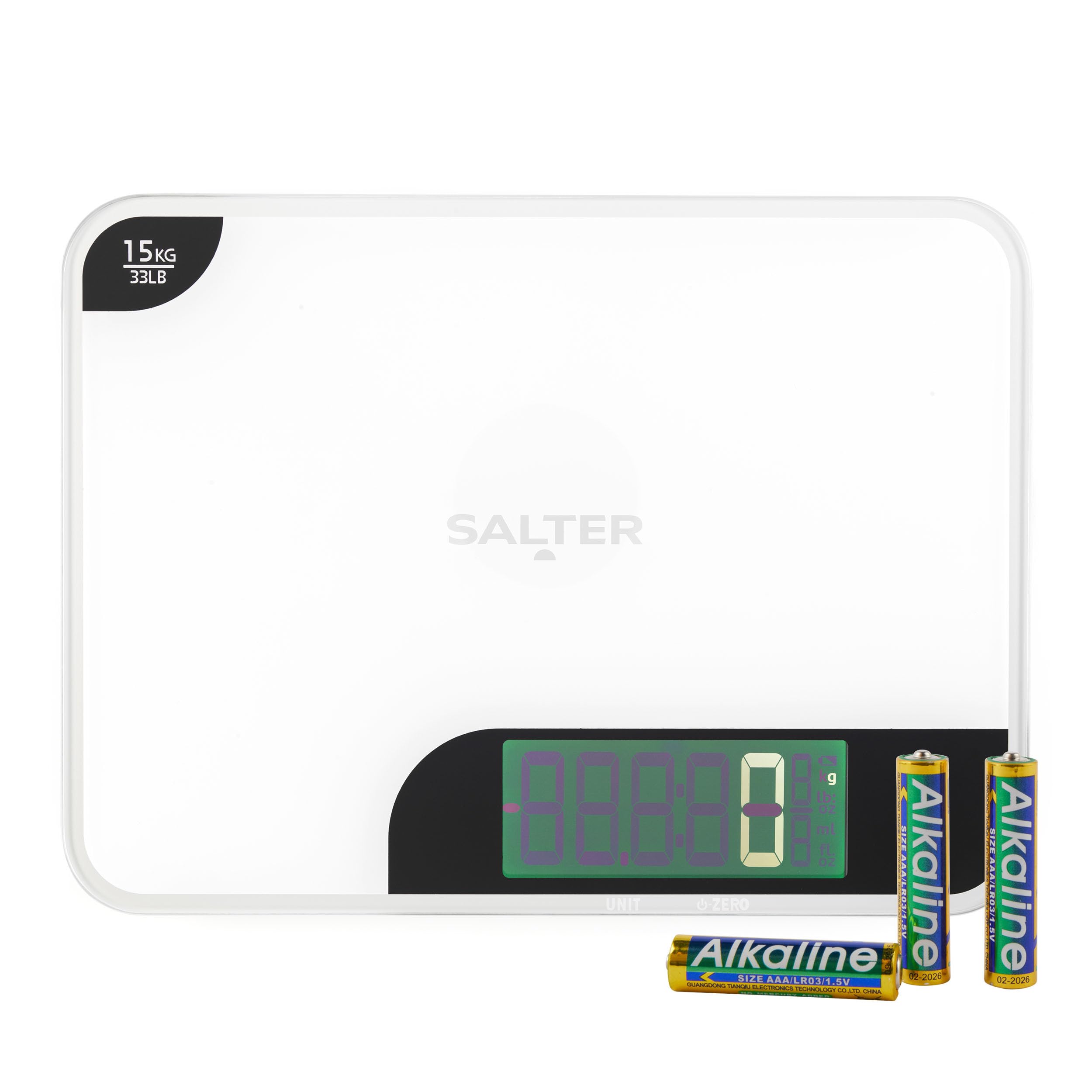 Salter High Capacity Kitchen Scale – Digital Baking Scale, 15kg Capacity, Food Scale, Chop and Weigh Ingredients, Measures Liquids, Add & Weigh Tare Function, XL Glass Platform, LED Display