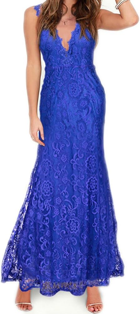 LM Woman's Lace Backless Floor Length Strappy Deep V Beach Dresses