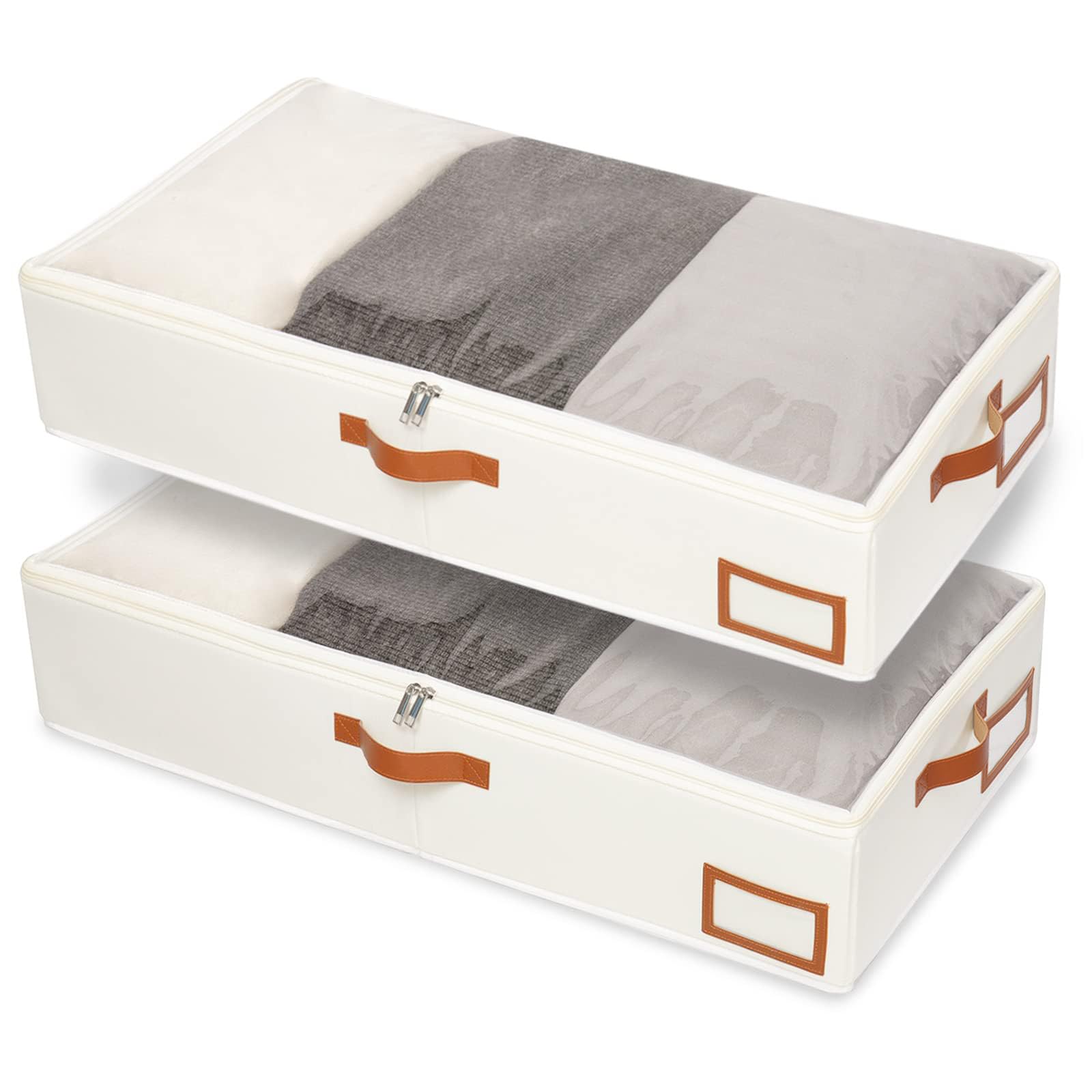 Yawinhe Under Bed Storage Containers, 2 Pack Underbed Boxes with Sturdy Zipper, Clear Window and Reinforced Handles, for Blanket, Bedding, 80x40x15cm, Beige, SNH001BEL-2