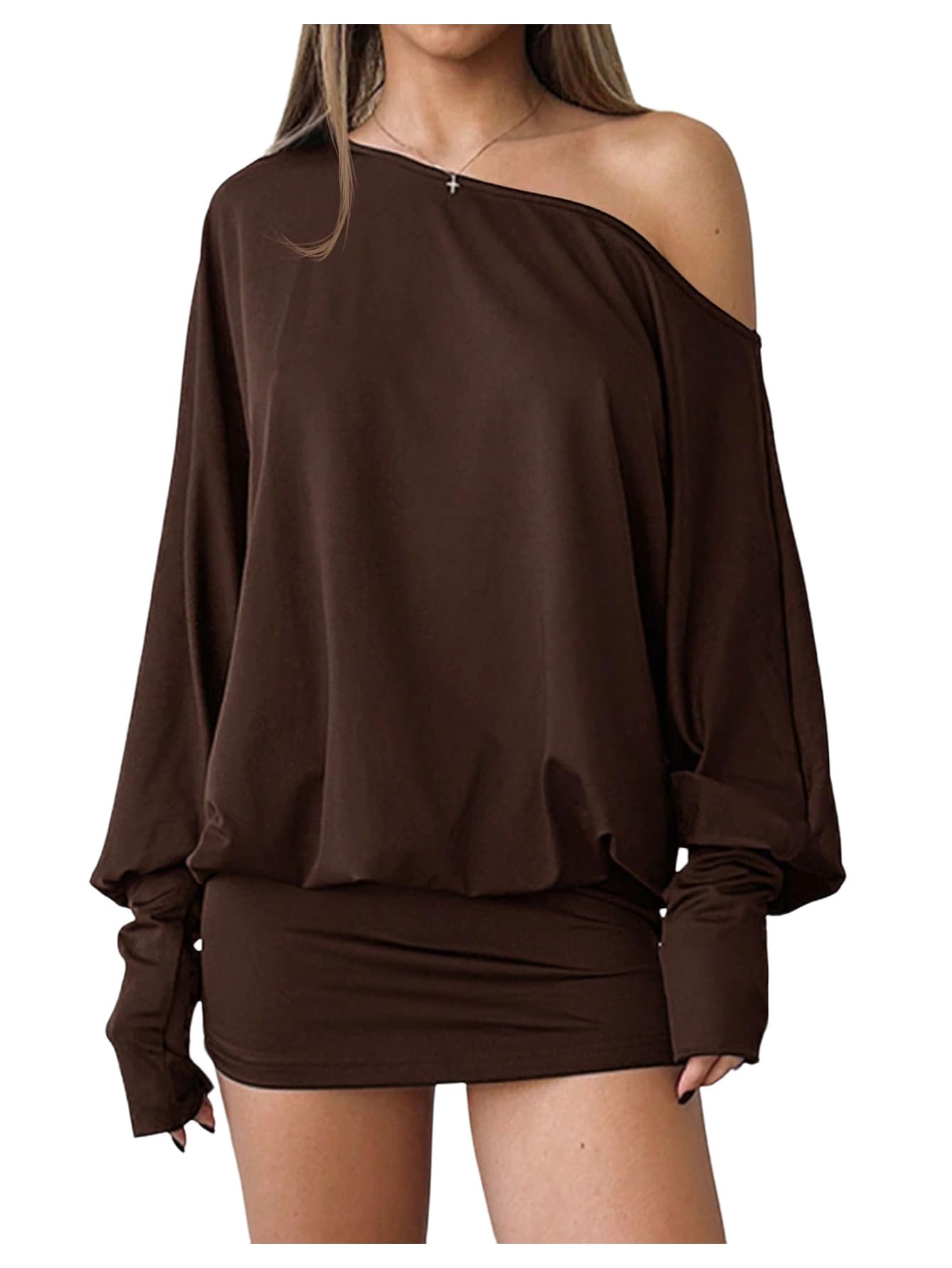 Photo 1 of SOLY HUX Women's Long Sleeve Off The Shoulder Dress Y2k Mini Dress Streetwear Music Festival Outfits Solid Brown Large