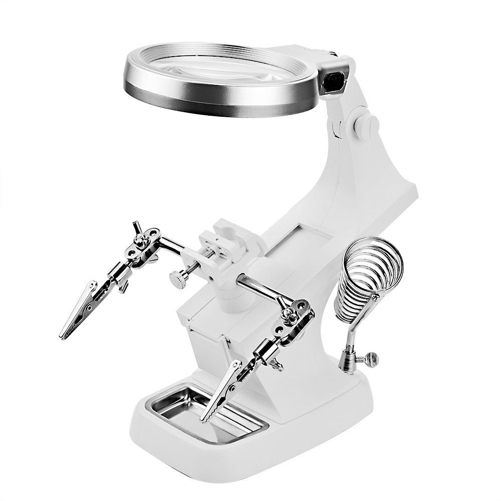 LED Light Helping Third Hand Magnifier Station, YOCZOX Multifunctional Welding Led Magnifier Soldering Iron Stand, 10 LED Lighting 3X Main Lens & 4.5X Accessorial Lens, Auxiliary Alligator Clip, White