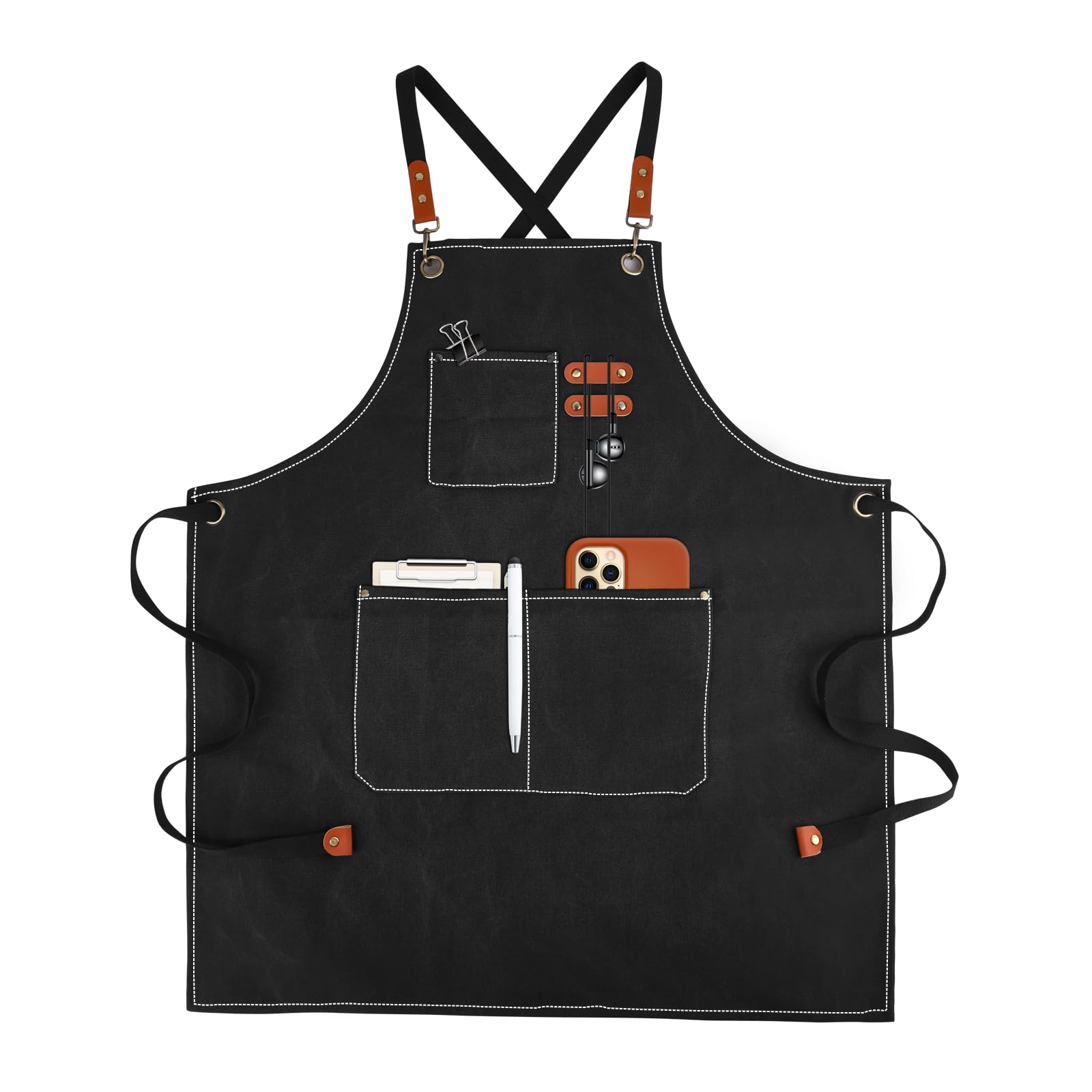 Canvas Work Aprons for Men with Pockets,Adjustable Strap and Large Pockets Apron,Kitchen Cooking Baking Chef Apron (Black)