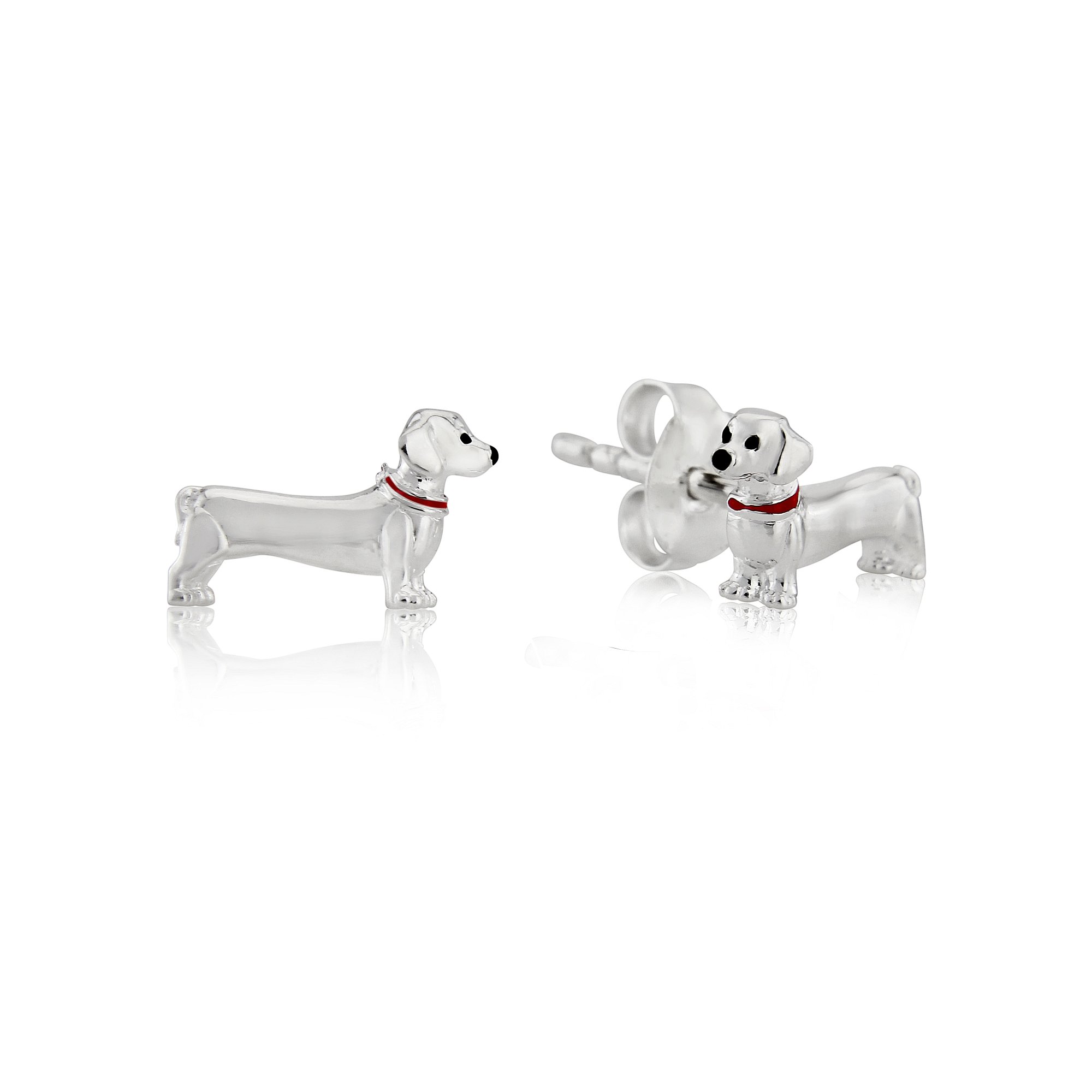 Gemma J Sterling Silver Cute Designer Dachshund Dog Earrings with Bespoke Red Enamel Collar Feature