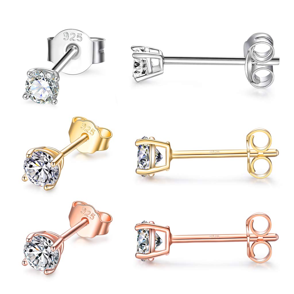 CERSLIMO Silver Stud Earrings for Women Men Girls, 3 Pairs Sterling Silver Tiny Cubic Zirconia Stud Earrings Small Dainty Cartilage Tragus Sleeper Earrings Set (4mm, Silver/Gold/Rose Gold)