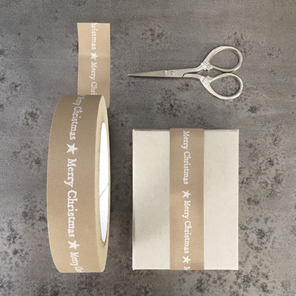 East of India 50m Craft Brown Tape With Merry Christmas & Stars, Eco Christmas Wrapping Tape, Gift Wrapping, Festive Craft Tape, Tape