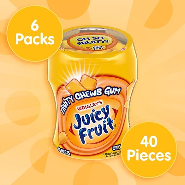 JUICY FRUIT GUM SUGAR-FREE CHEWING GUM, JUICY FRUIT CHEWS, 40 PIECES PER BOTTLE, (PACK OF 6)