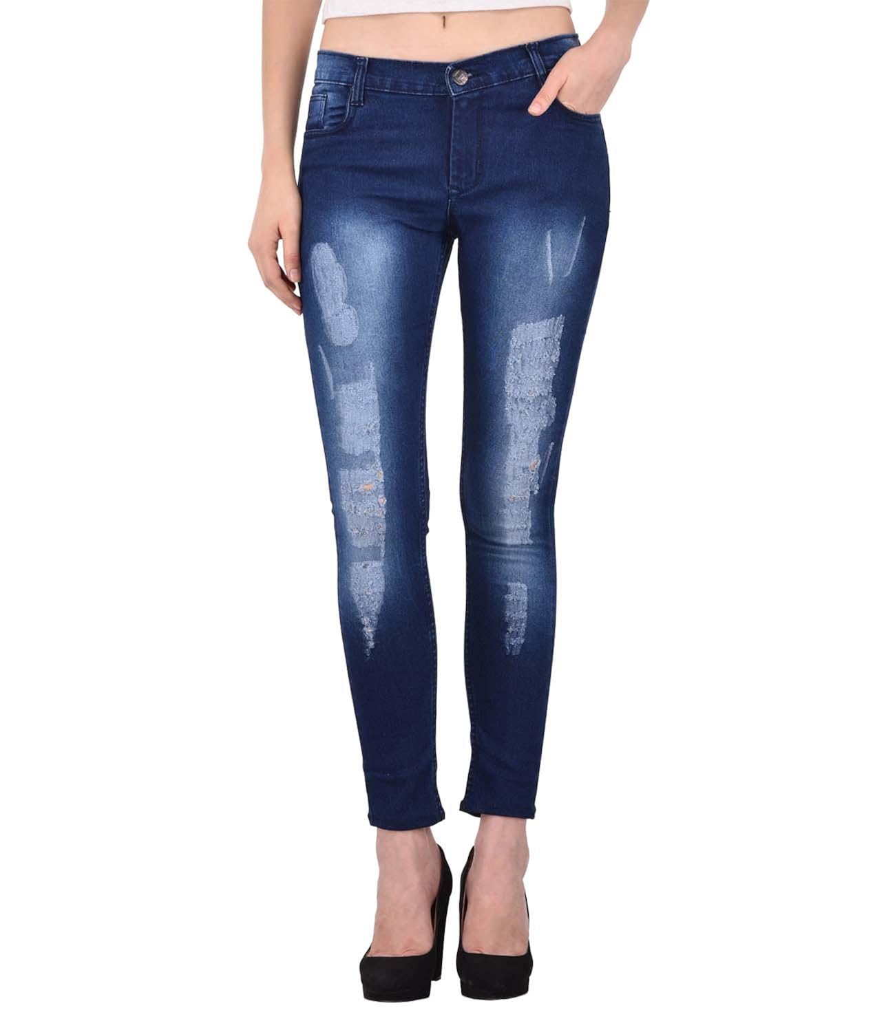 ansh fashion wear women's distressed denim jeans - contemporary regular fit rugged denims for women - washed mid rise ankle length jeans - blue