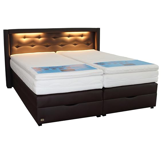 PAARA Boxspringbett mit LED Bettkasten Kopfverstellung Antirutsch-Matten Taschenfederkern Matratze Kaltschaum Topper Komplett