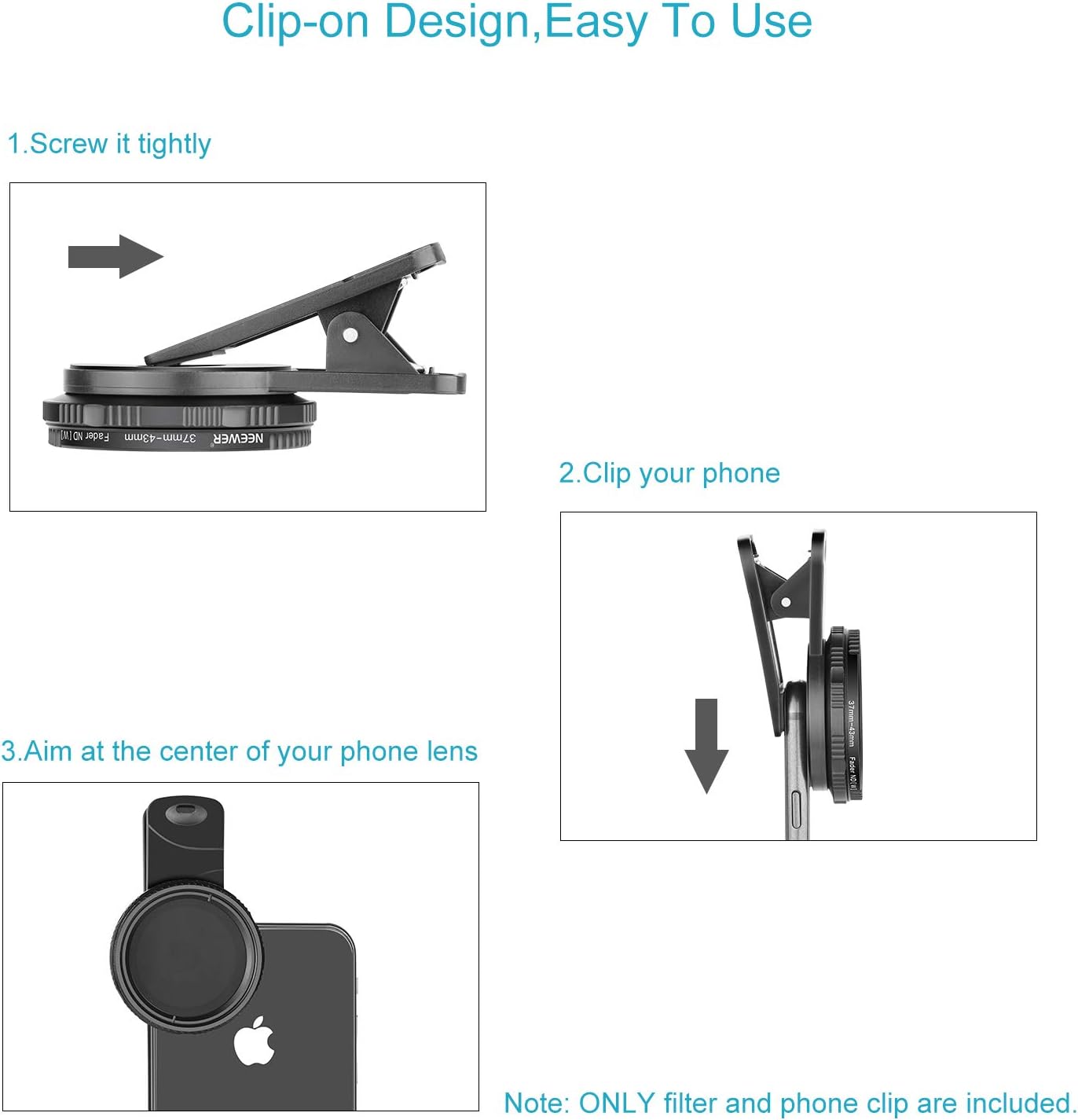 NEEWER 37mm Clip On ND2-ND400 Phone Lens ND Filter Kit: Variable Neutral Density Filter with Phone Clip Compatible with iPhone 15 14 13 Samsung S24 S23 S22 Ultra Android Smartphones iPad - Image 4