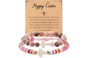GVUSMIL Cross Bracelet Baptism Gifts Easter Basket Stuffers First Communion Adjustable Clay and Stone Christ Holy Water Bracelet Faith Jewelry for Daughter Granddaughter Niece