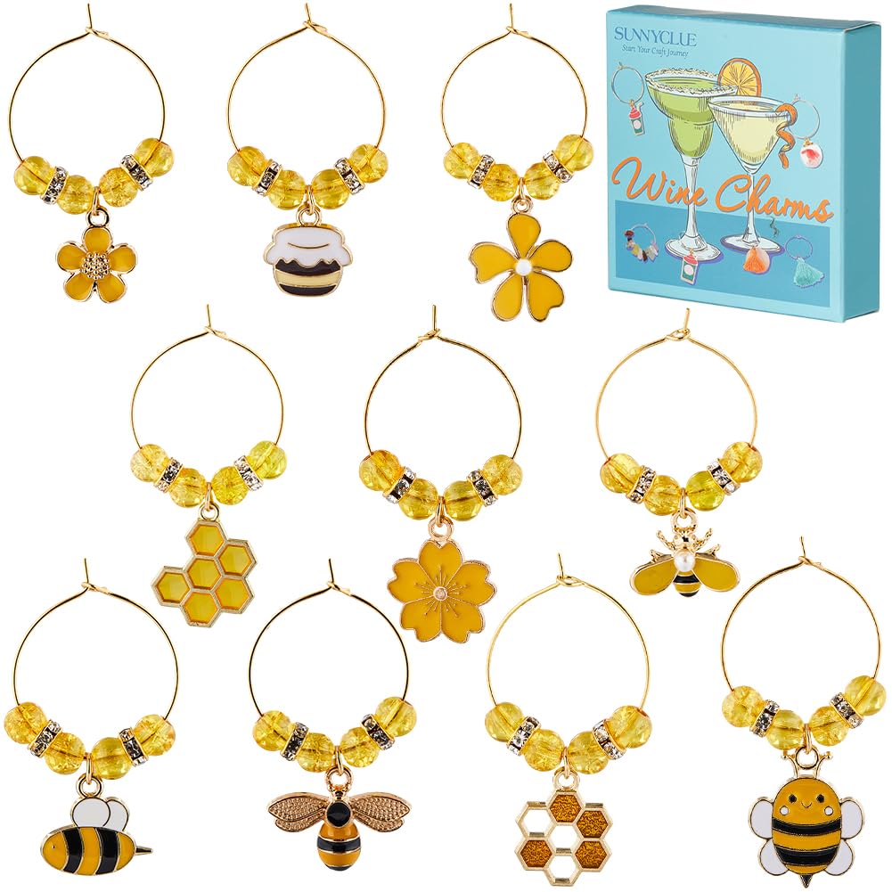 SUNNYCLUE 1 BOX 10PCS Enamel Bee Wine Glass Identifiers Charms Drink Marker Charms Tags Cute Flower Bee Honey Insect Stem Glasses Identifier for Gathering Wedding Party Favor Drinks Decor