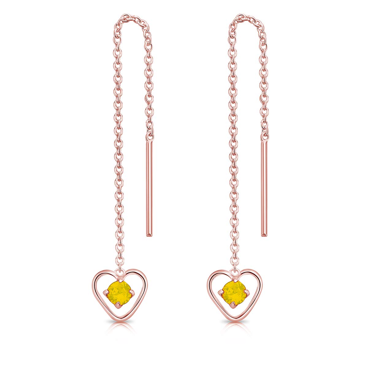DTPsilver® 925 Sterling Silver Rose Gold Plated Pull Through Drop Chain Earrings & Dangling Heart with SMALL Round 3 mm Crystals from Swarovski® Elements - Length 68 mm - Colour : Yellow Opal