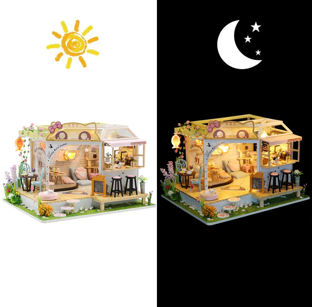 WonDerfulC Cat Cafe Wooden Miniature Dollhouse Kit DIY Pet Cat Coffee Shop Building Model Accessories with Furniture LED Light Music Box Birthday (no Dust Cover)