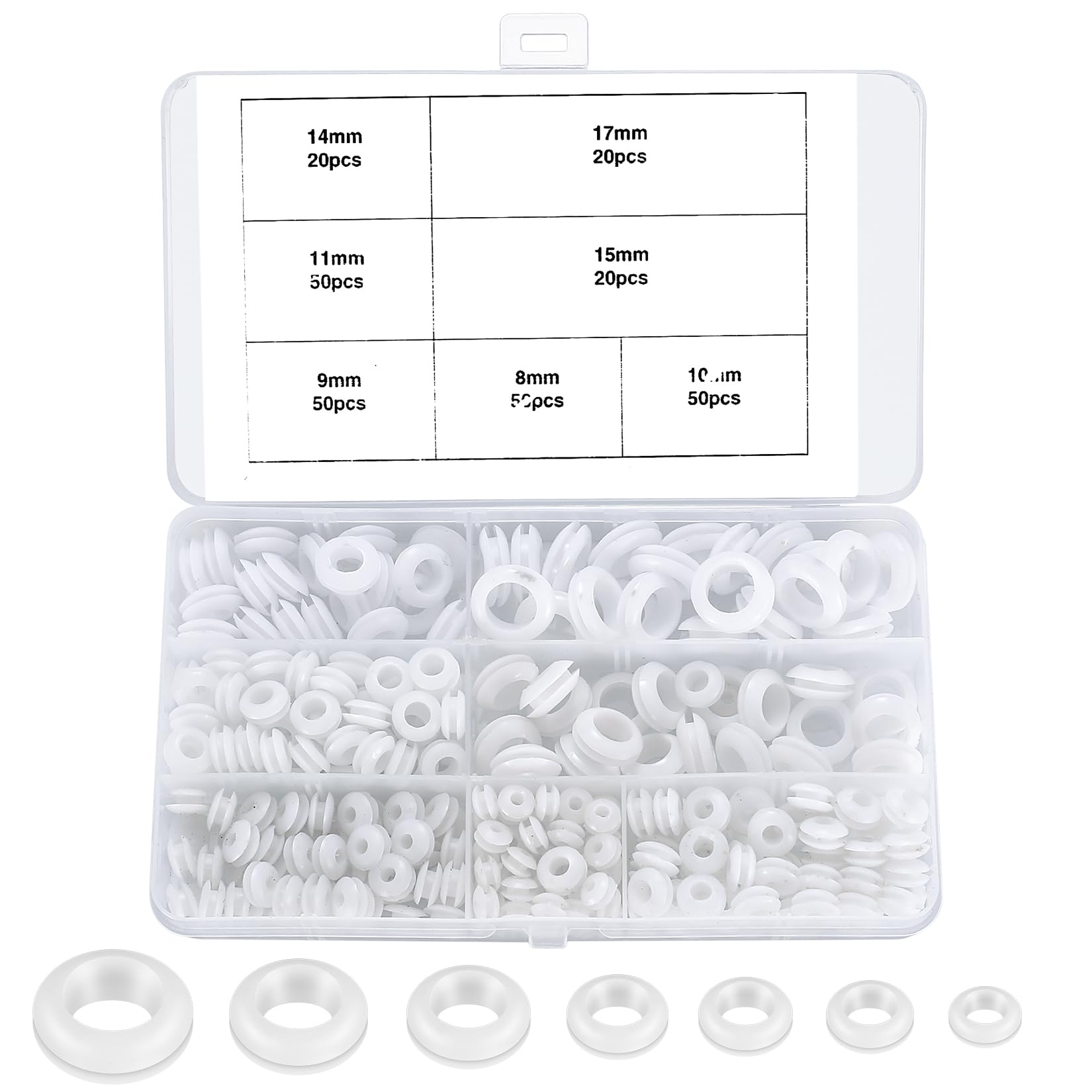 260 Pcs Rubber Grommets Kits, 7 Assorted Sizes White Electrical Cable Holes Conductor Wiring Blanking Gasket Ring Grommets Assortment Kit for Protecting Wires, Plugs, Cables Holes