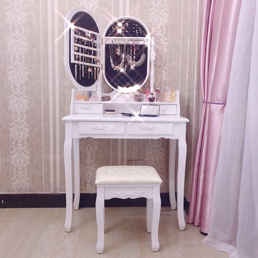 White Vanity Table Set Jewelry Armoire Makeup Desk Bench Drawer