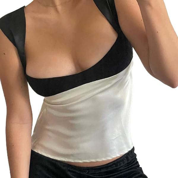 xxxiticat Women's Patchwork Satin Tank Top Sleeve Color Block Low